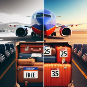 Southwest Airlines plane with free bags vs new baggage fees policy comparison.