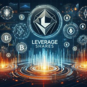 Leverage Shares logo with a crypto theme, showcasing blockchain and digital asset elements.