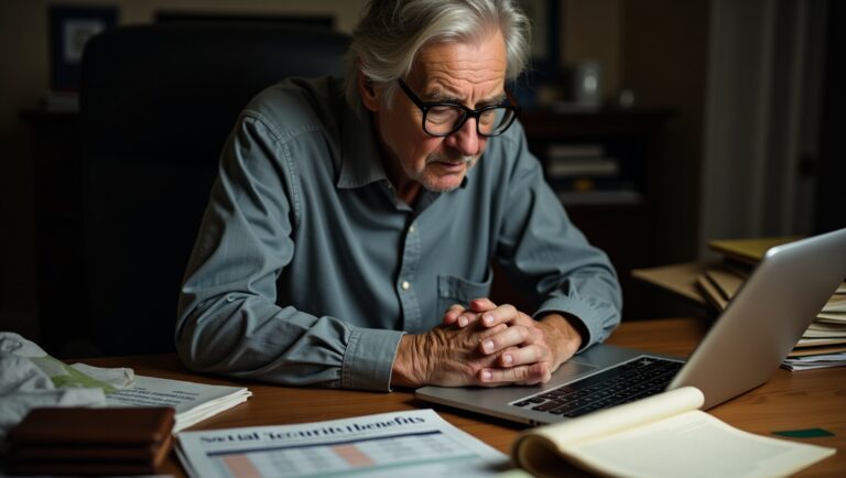 Senior citizen checking bank statement for Social Security payment.
