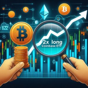 Conceptual image of the 2X Long Coinbase ETF (COIG) with a graph showing leveraged returns and crypto symbols.
