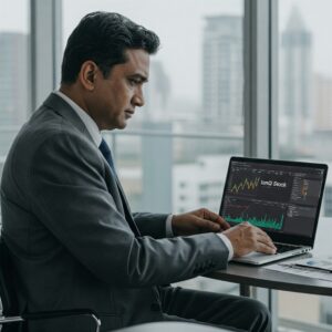 Investor analyzing IonQ stock performance on a laptop screen.