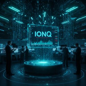 A high-tech stock market scene highlighting IonQ stock and quantum computing's role in finance.