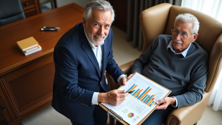 Financial advisor discussing Social Security benefits with a senior citizen.