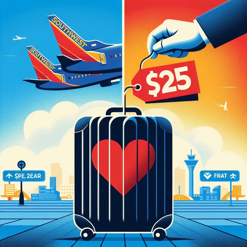 Southwest Airlines new baggage fees policy announcement with luggage and price tags