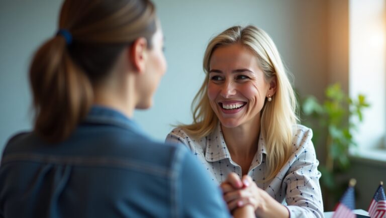 US taxpayer shaking hands with IRS representative after successful resolution of tax debt through Fresh Start Program.
