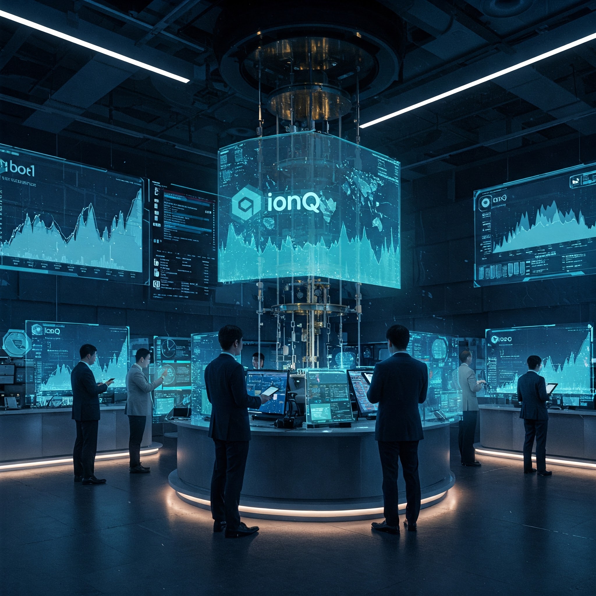 Futuristic digital stock market scene with IonQ’s stock ticker and quantum computing elements