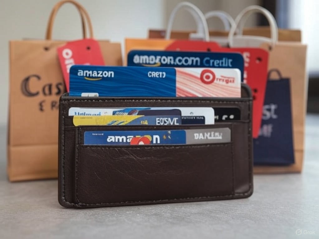 Wallet with store brand cards, discounts, and rewards.