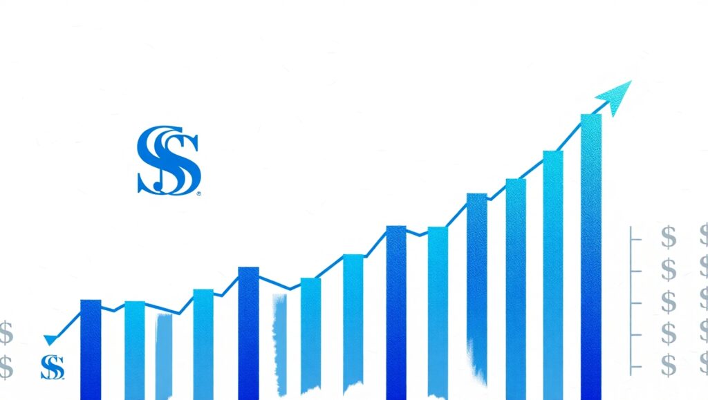 Rising Goldman Sachs stock chart with logo overlay.