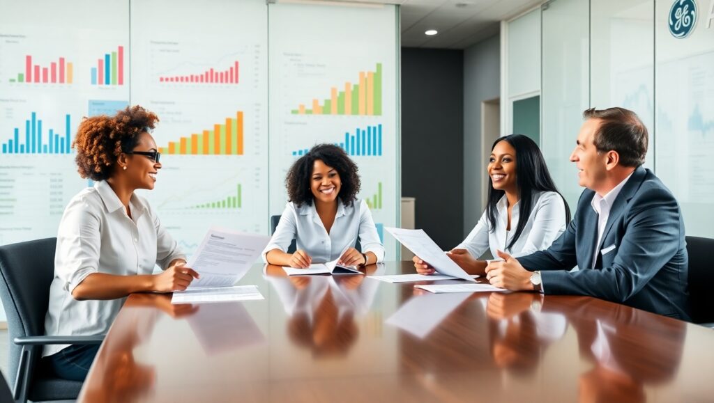 GE Aerospace leadership team reviewing Q1 performance results and financial data.