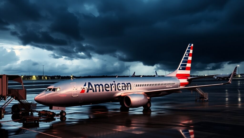 American Airlines plane grounded amidst economic uncertainty and trade war turbulence.