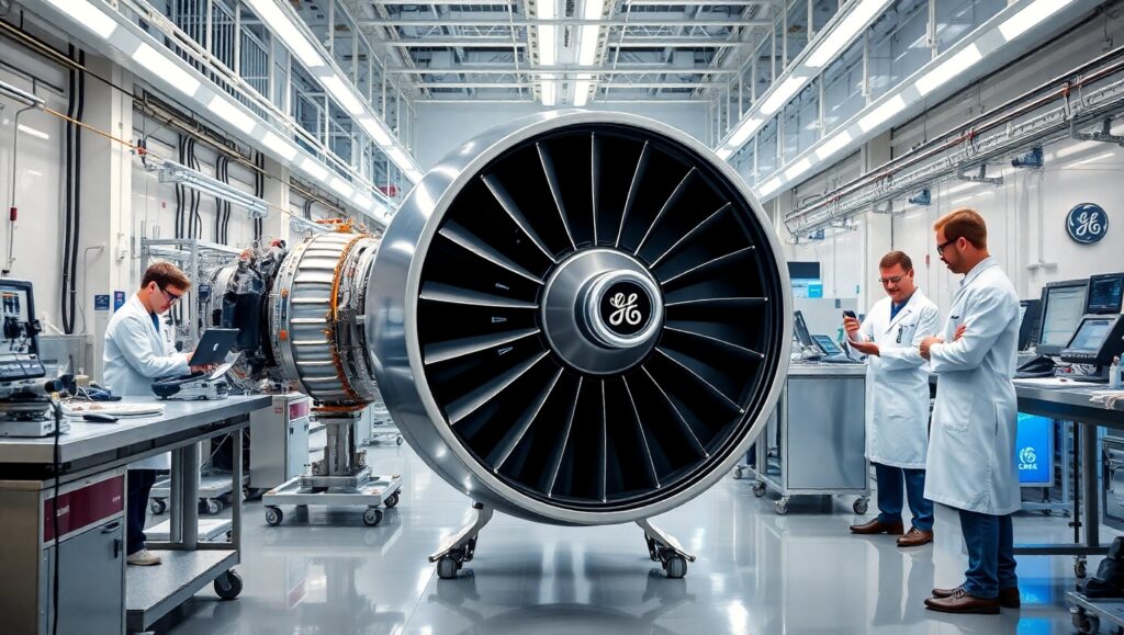 GE Aerospace engineers assembling advanced jet engines in a modern facility.