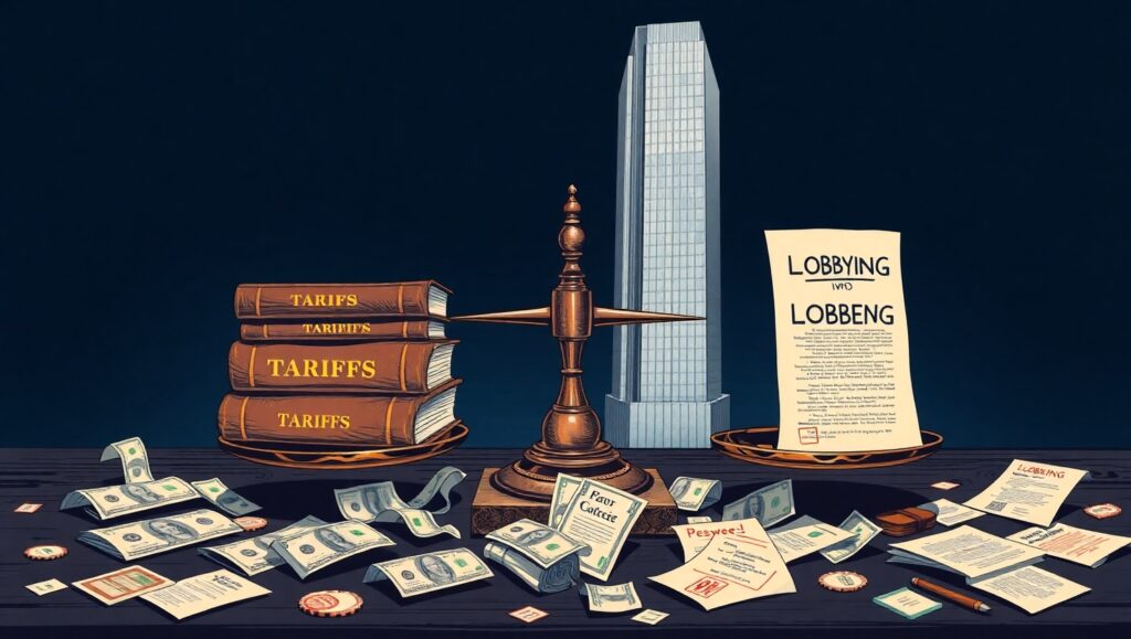 A symbolic scale showing the weight of lobbying influence in Trump Tariffs decisions