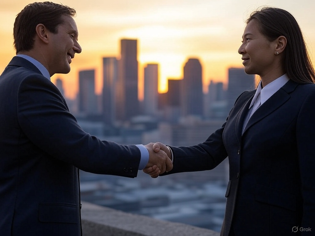 Business handshake with city skyline