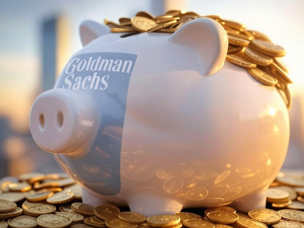 Goldman Sachs piggy bank with gold coins.