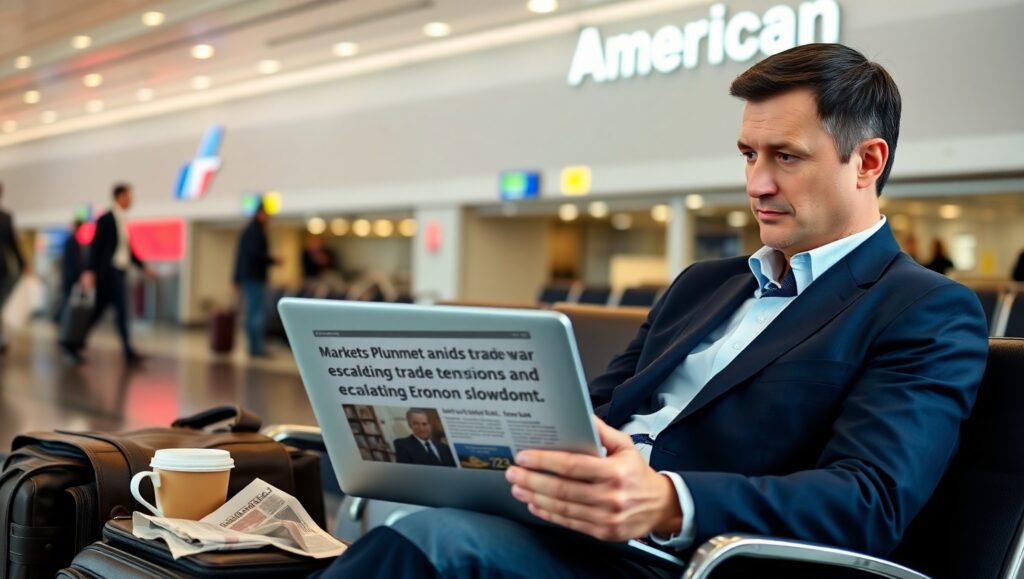 Business traveler at American Airlines gate amid trade war concerns.