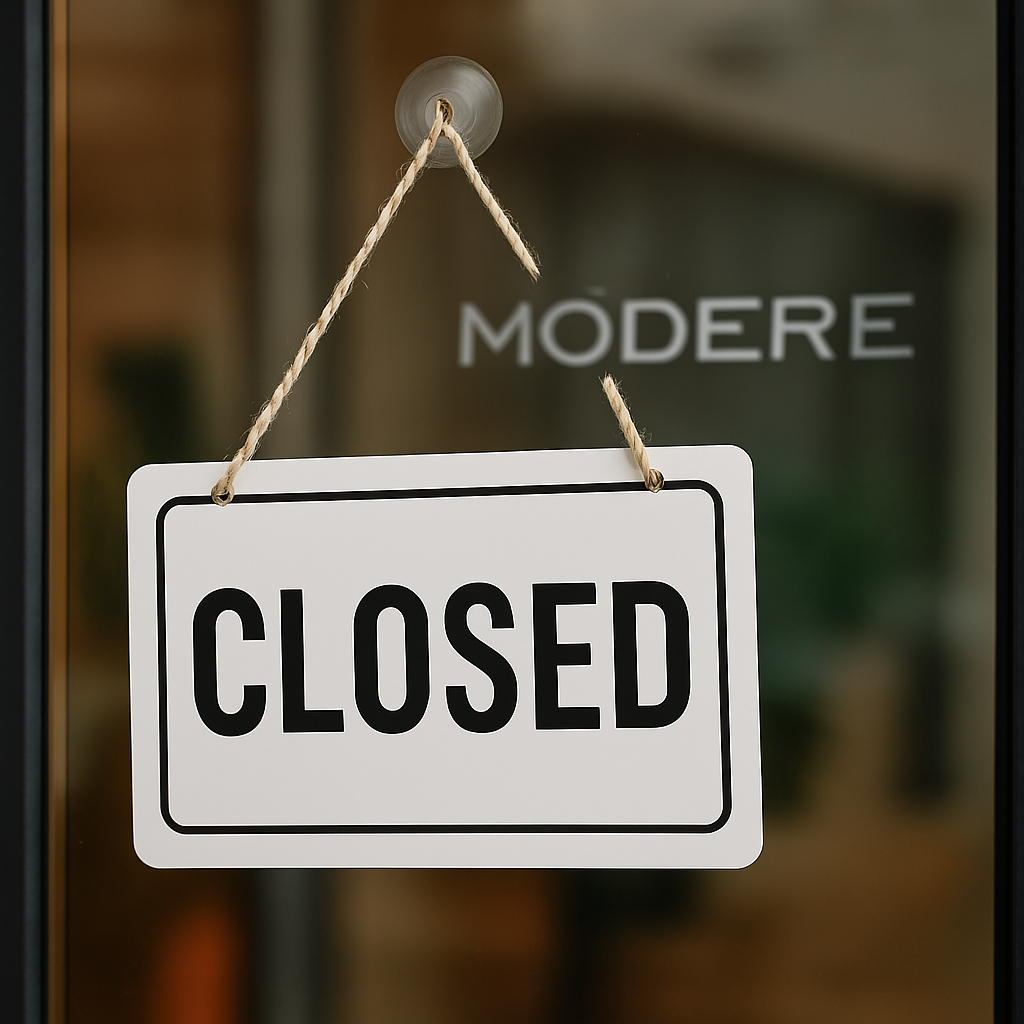 Modere brand shutdown after 23 years with closed sign