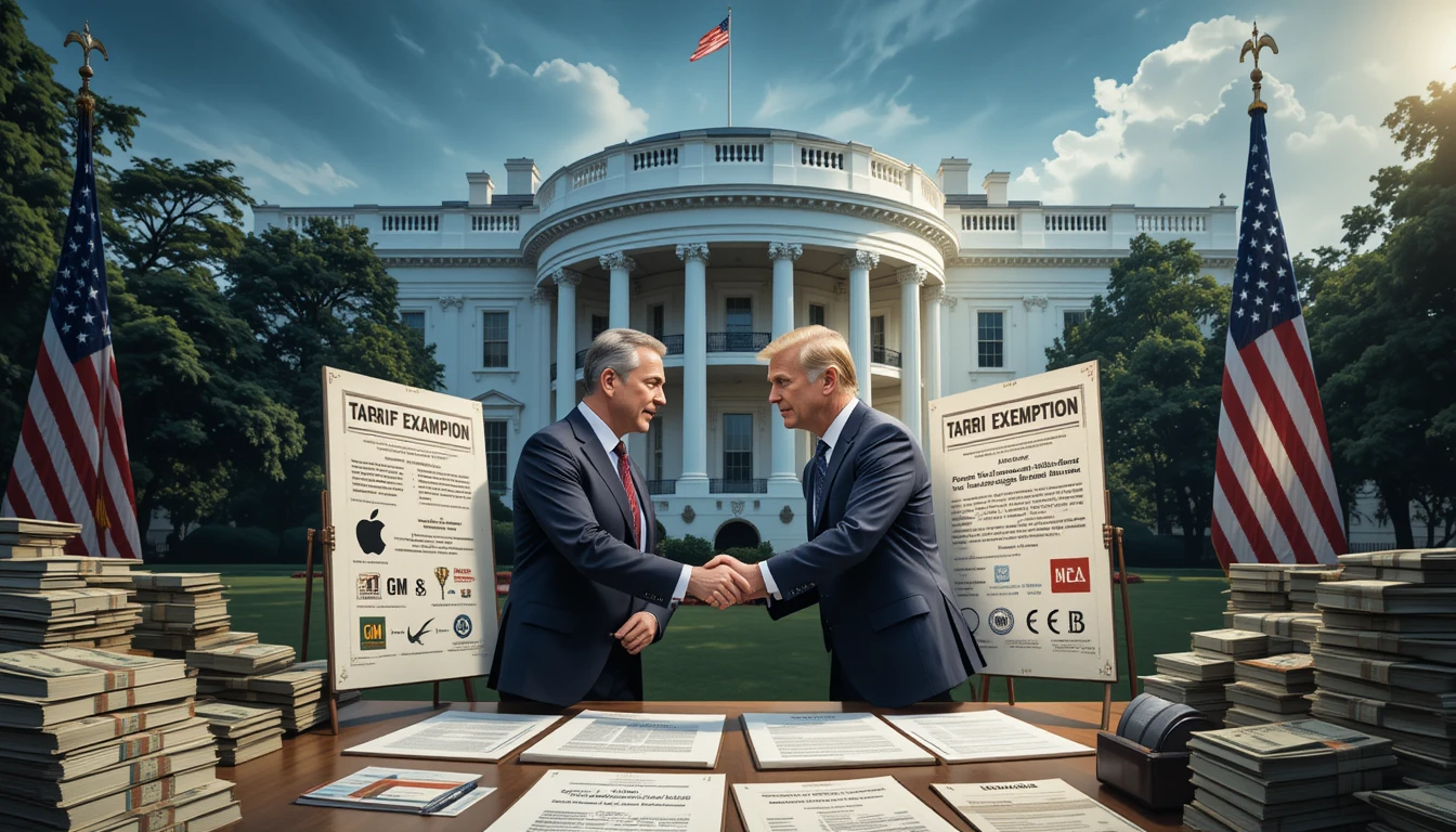 Corporate lobbying influence exposed in Trump’s tariff exemption era, with symbolic handshake and White House in background