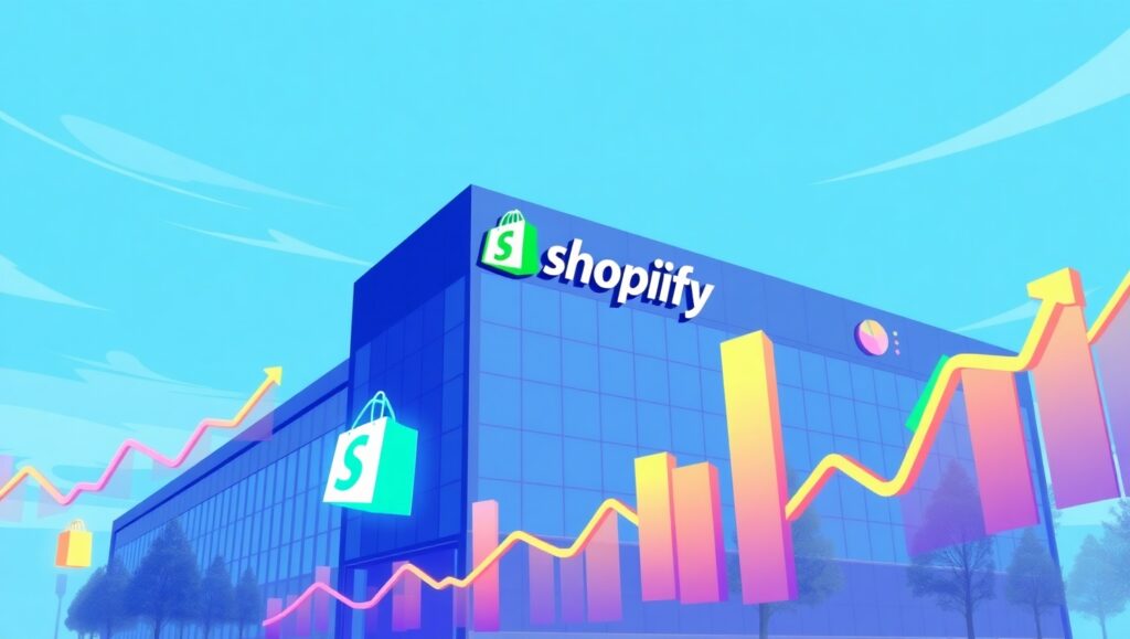 Shopify headquarters with revenue growth charts showing Q1 2025 earnings surge.