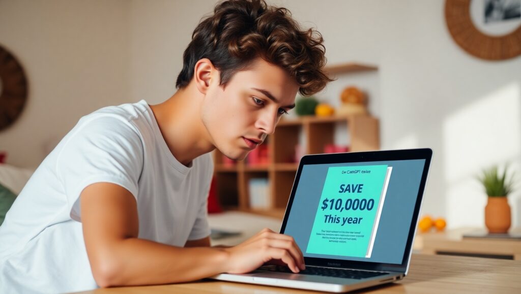 A person using a laptop with ChatGPT open and a mini ebook cover displayed on Canva, showing "Save $1,000 This Year.