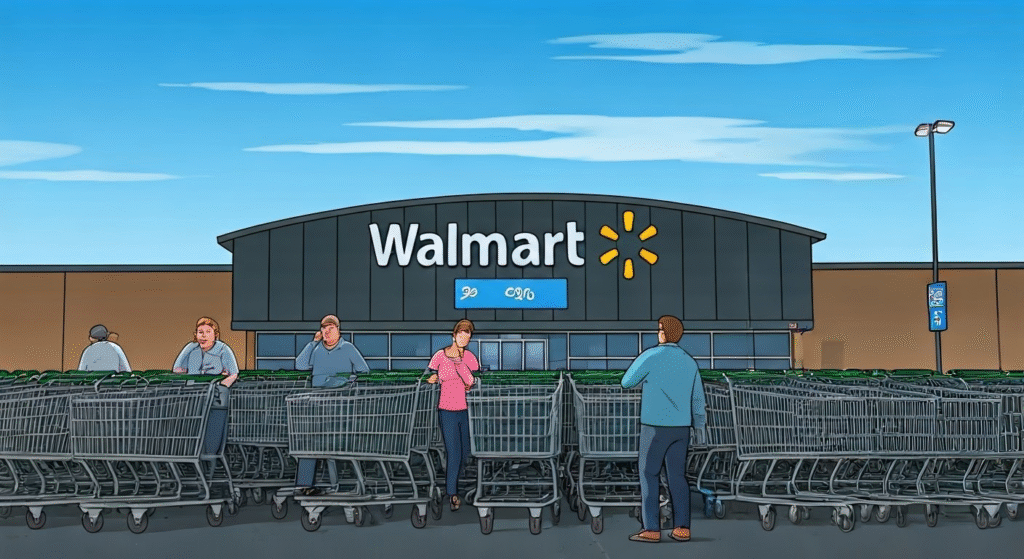 People with shopping carts outside a Walmart store