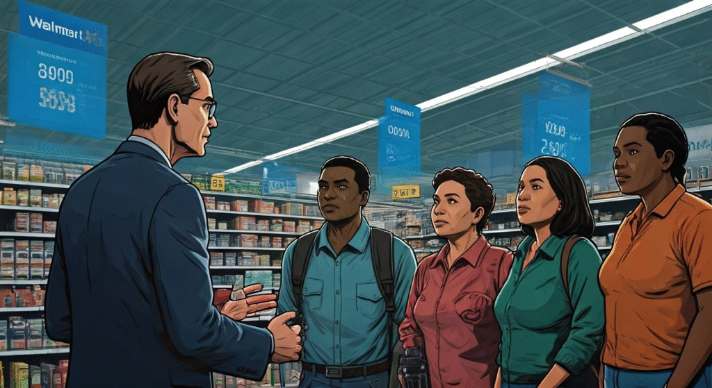 Group having a discussion inside a Walmart store.