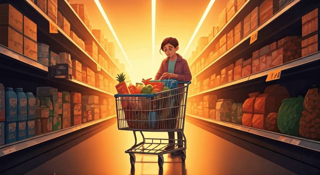 Woman shopping in a grocery aisle with a full cart