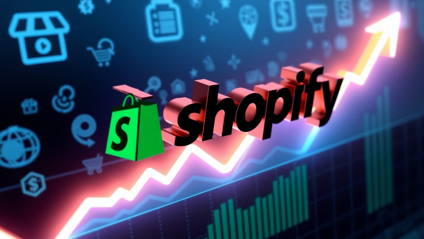 Shopify stock chart with Q1 2025 earnings highlights and e-commerce growth background.