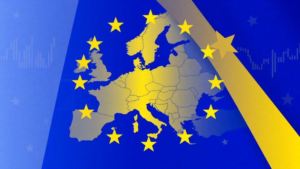 Illustration of fragmented European capital markets with EU flag symbolizing reform and integration efforts.