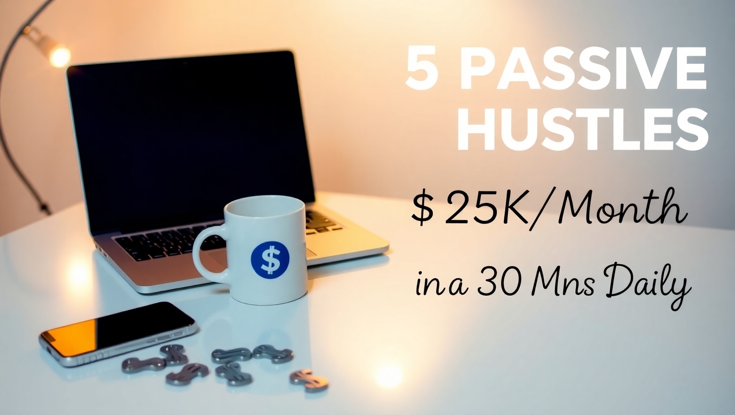 Laptop with money icons showing passive income in 30 minutes a day.