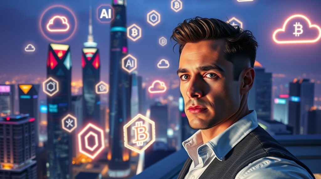 Investor watching futuristic tech icons.