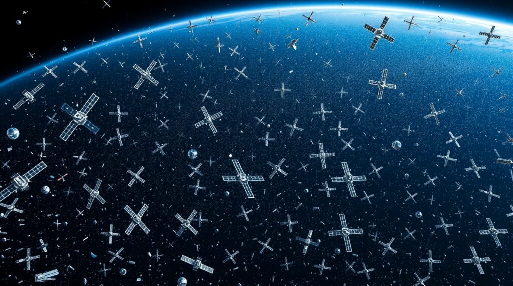 Overcrowded orbit with satellite debris
