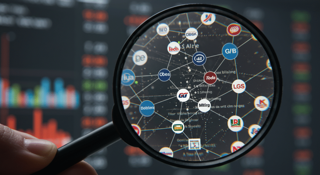 Magnifying glass over company logos, ignoring ticker
