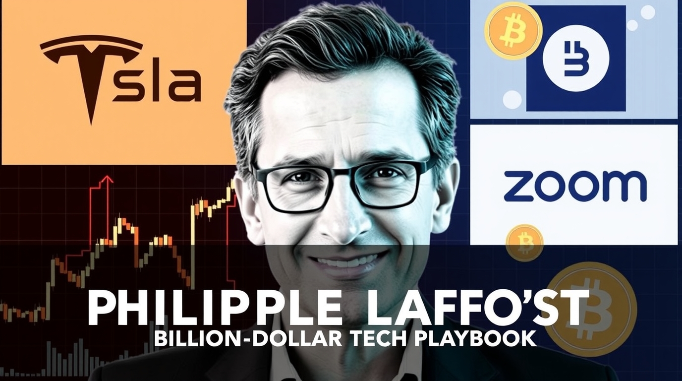 Philippe Laffont with tech stocks and Bitcoin icons.