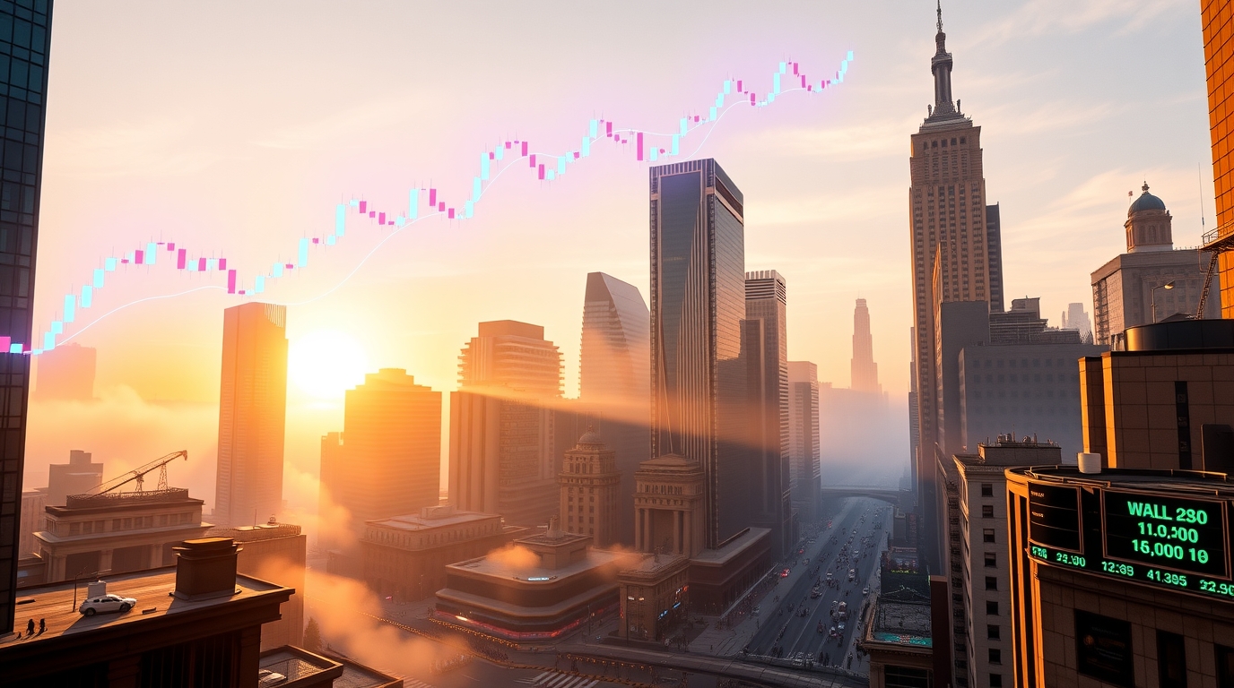 Wall Street sunrise with stock charts
