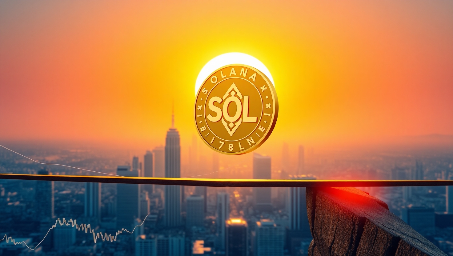 A 3D Solana coin balanced on a financial chart tightrope, with a sunrise over a city, symbolizing hope and stability