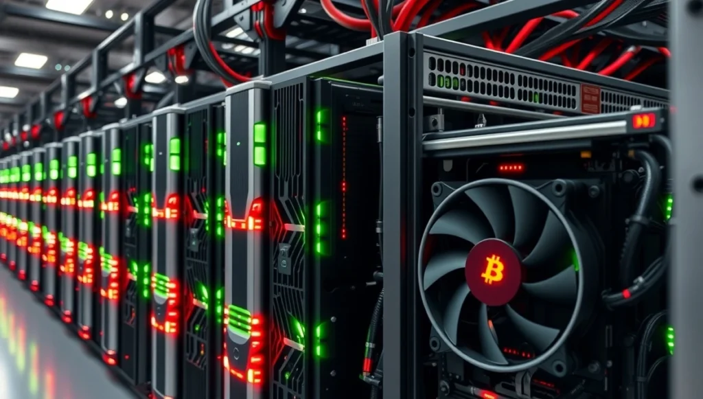 ASIC Bitcoin mining rigs with LED lights"