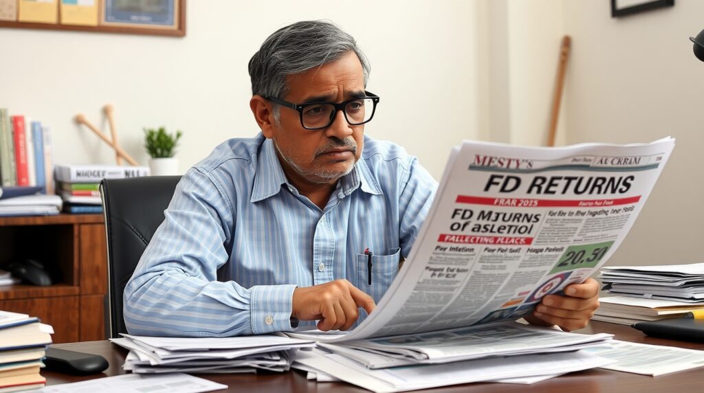 Middle-aged Indian man looking disappointed while reviewing fixed deposit returns in 2025.