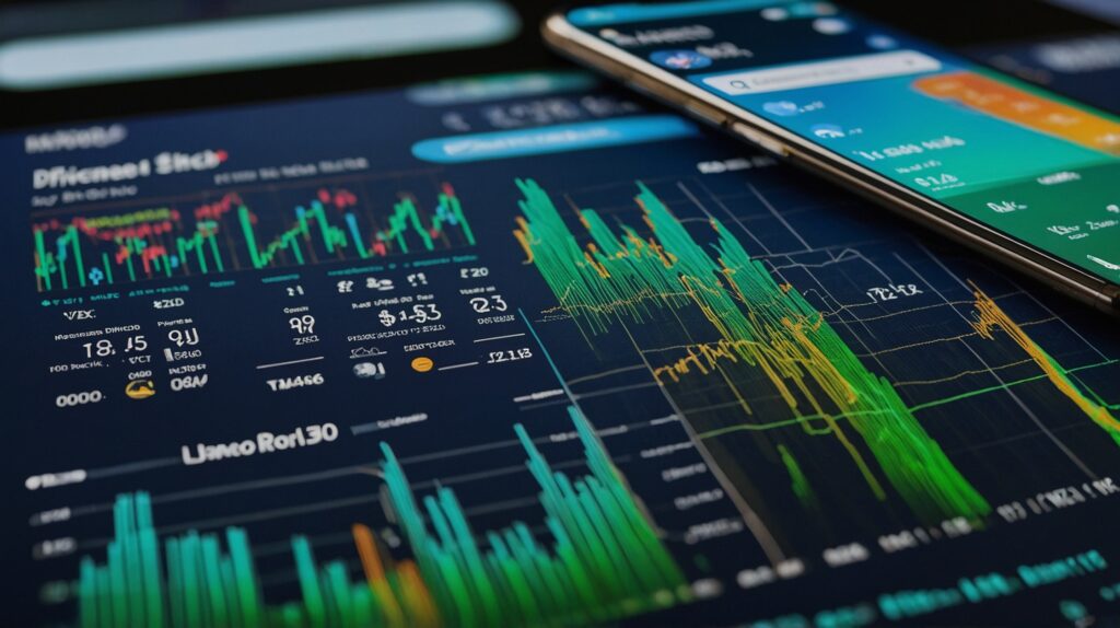 Smartphone displaying dividend stock portfolio app with rising charts and golden coins representing dividend payments flowing from the screen