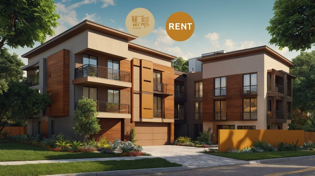 Split illustration comparing REIT apartment building and traditional rental property investment options with money symbols floating between them