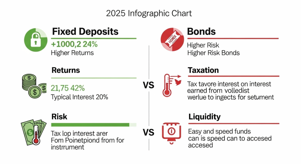 Infographic comparing fixed deposits and bonds across key investment features in 2025.