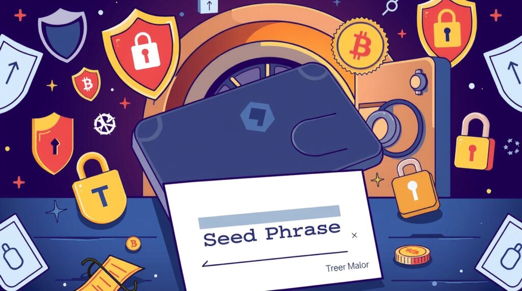 Bitcoin wallet security features including hardware wallet, seed phrase backup, and private key protection