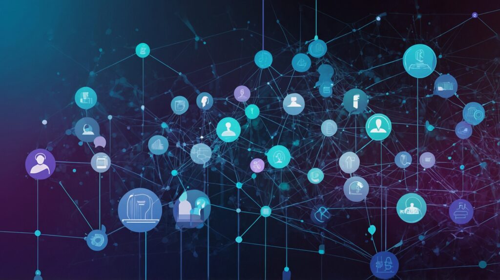 Network of diverse people connected by glowing lines with dollar signs, centered around a tablet showing peer-to-peer lending platform interface"
