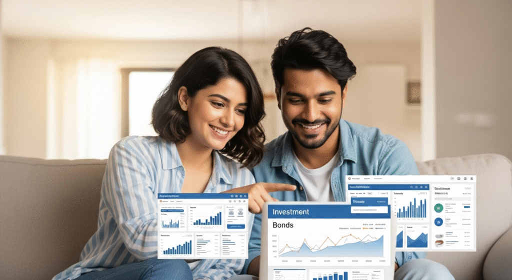 Young Indian couple considering bond investment options over fixed deposits in 2025.