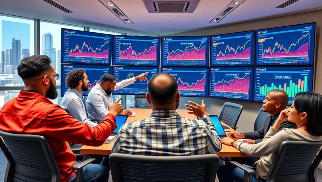 Financial analysts reviewing Google stock forecasts