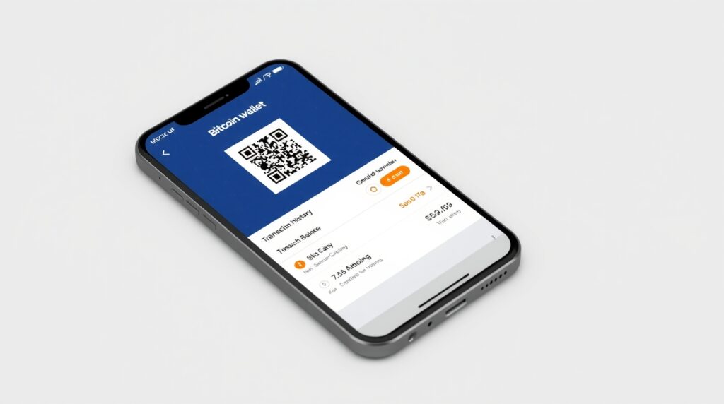 Mobile Bitcoin wallet app interface showing send and receive functions with QR code scanner