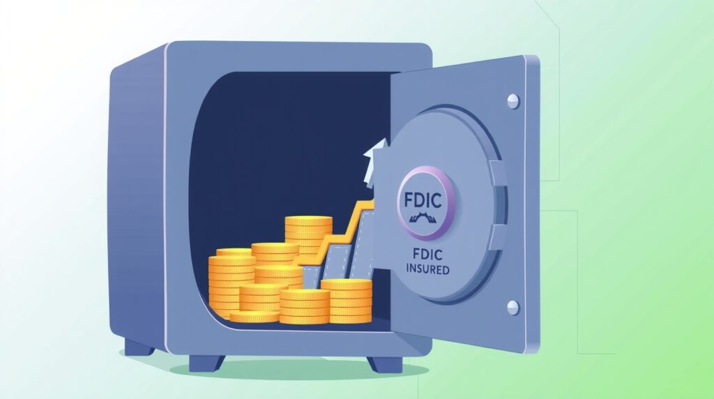 Open bank vault with stacked gold coins and bills inside, featuring an upward growth chart and FDIC insurance badge for safety