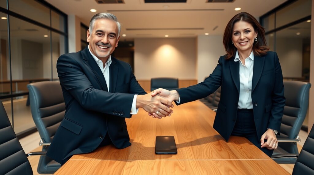 Business partnership meeting for technology collaboration