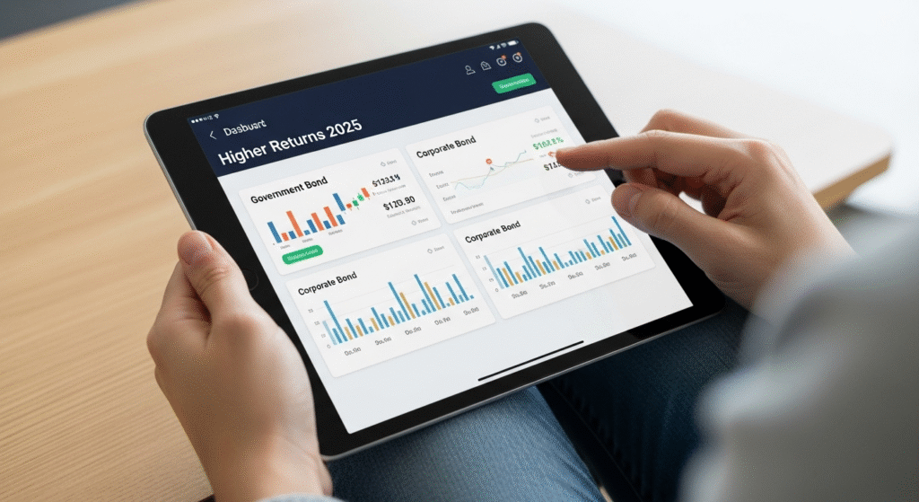 Tablet screen displaying government and corporate bond investment opportunities in 2025.