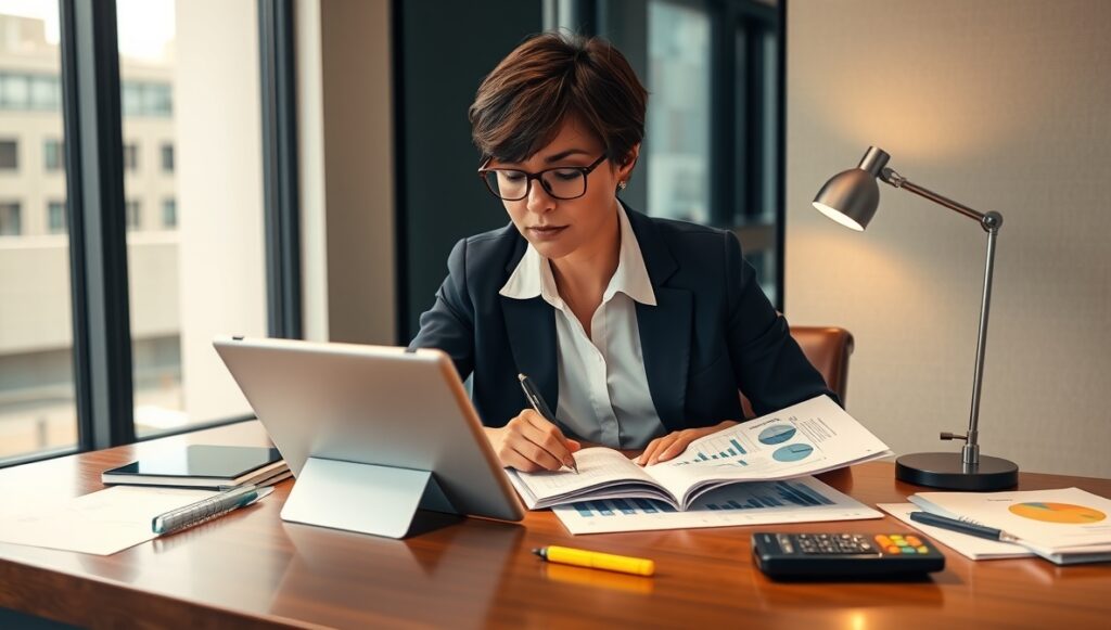 Financial analyst reviewing biotech investment data