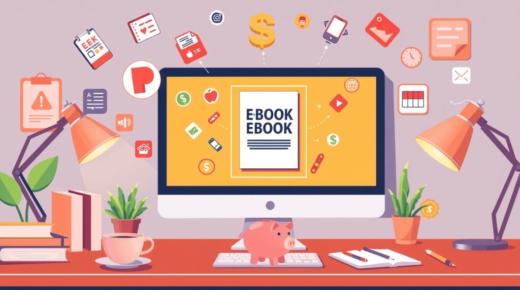 Creative workspace with computer showing e-book design, surrounded by digital product icons and money flowing toward a piggy bank